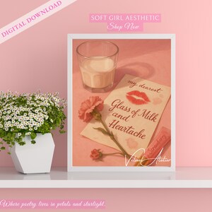 Soft Girl Digital Art Print, Coquette Milk and Lip Gloss Wall Art, Pink Strawberry Aesthetic Poster Download, Romantic Bedroom Decor