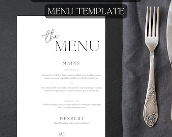 Editable Menu Template, Wedding Menu Template, Printable Menu, Minimalist Wedding Menu, Editable Wedding Menu, Wedding Templates, Event Menu