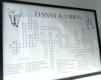 Sip and Solve Wedding Crossword, Wedding Games, Engagement Party games, customizable Crossword, Crossword template A1, A2, A3, A4, A5, sizes