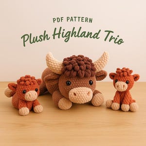 Plush Highland Trio Crochet Patterns | Highland Cow, Sheep & Yak Amigurumi | Cute Stuffed Animal PDF Crochet Pattern | Farm Decor DIY
