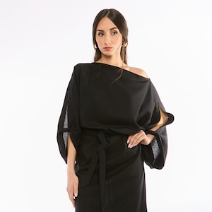 Linen Black Maxi Dress with Open Sleeves, Slit Back, Minimalist Dress, Elegant Evening Gown, Cocktail Dress, Avant Garde, Black Prom Dress