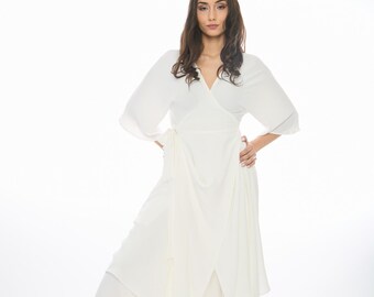 White Wrap Tunic & Wide Leg Pants Set, Airy Summer Set, Elegant Two Piece Outfit, Flowy Kimono Sleeve Top, Palazzo Trousers Set, Beach Wear