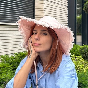 Pink Denim Summer Hat, Women Summer Hat Cotton Sun Hat Wide Brim Sun Hat Denim Beach Hat Large Sun Hat Sun UV Protection Hat Adjustable Hat