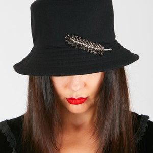 Winter Wool Hat, Very Warm Winter Bucket Hat with Crystals Black Cozy Cashmere Wool Hat Woolen Winter Hat Women Elegant Cashmere Winter Hat