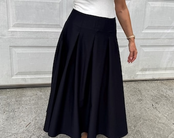 Elegant Long Black Skirt, High Waisted Pleated Skirt, Minimalist A-Line Long Skirt with Pockets, Classic Cotton Maxi Skirt