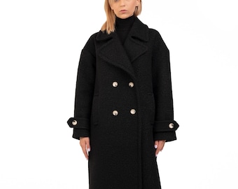 Long Wool Coat, Oversize Women Wool Boucle Coat – Black, Modern Straight Winter Women Coat - Black, Winter Coat, Black Long Coat, Big Collar
