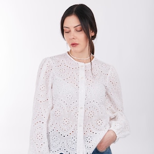 Lace Embroidered Blouse, White Organic Cotton Women Blouse, Elegant White Shirt, Breathable Cotton Blouse, Classic Cotton Blouse Long Sleeve