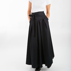 Maxi Baumwolle Langer Rock Schwarz, Langer Lässiger Rock, Schwarzer Baumwollrock mit Gürtel, Handgemachter Oversize Schwarzer Rock, Komfort Lockerer Eleganter Rock