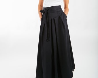Maxi Cotton Long Skirt Black, Long Casual Skirt, Black Cotton Skirt with Belt, Handmade Oversize Black Skirt, Comfort Loose Elegant Skirt