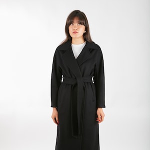 Classic Women&#39;s Cashmere Coat Michele – Black, Long Women&#39;s Wool Coat with Belt, Oversize Long Winter Women Coat, Long Cashmere Wool Coat