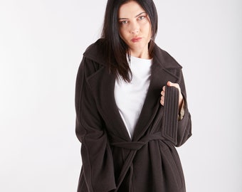 Classic Chocolate Brown Women Wool Coat Michele, Long Women Wool Coat with Belt Oversize Long Winter Women Coat Long Wool Coat