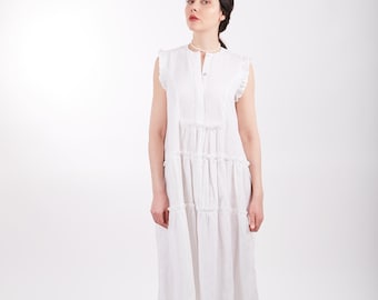 100% Pure Linen Dress, Long Linen Loose Dress, Linen Sleeveless Dress Wrap, Summer Linen Dress, Linen Wedding Dress, Maxi Linen White Dress
