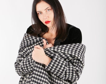 Schwarz-Weiß-Frauen-Wollmantel, langer Frauen-italienischer Wollmantel mit Gürtel Oversize langer Wintermantel langer Wollmantel karierter Mantel