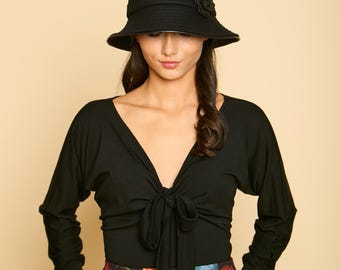 Blusa con lazo frontal, top cruzado de manga larga, elegante camisa con cuello en V, top minimalista estilo ballet, top corto bohemio chic para mujer, delicado
