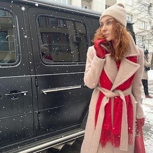 Long Wool Coat, Oversize Women Wool Boucle Coat – Cappuccino, Modern Straight Winter Women Coat - Beige, Winter Coat, Beige Long Coat Collar