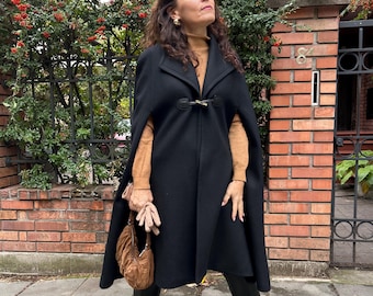 Elegant Black Wool Cape Coat, Long Winter Cape for Women, Warm Wool Cape, Classic Formal Outerwear, A-Line Cloak with Toggle Clasp