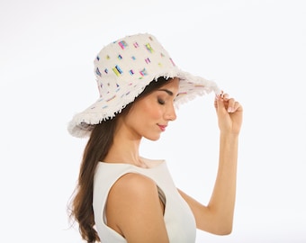 Wide Brim Sun Hat, Colorful Summer Hat, Abstract Print Bucket Hat, Frayed Edge, Beach Hat, Festival Hat, 90s Style, Retro, Abstract, Boho