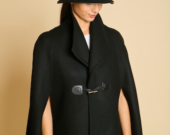 Black Wool Cape Coat for Women, Long Autumn Winter Cashmere Cloak with Toggle, Elegant Equestrian Style Cape, Dark Academia Gothic Cape Coat