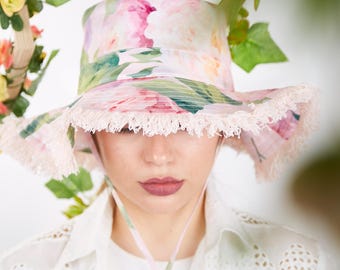 Floral Summer Hat, Women Summer Hat Cotton Sun Hat Wide Brim Flowers Denim Beach Hat Large Sun Hat Sun UV Protection Hat Adjustable Sun Hat