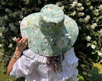 Elegant Green Floral Wide-Brim Hat M936( Mint Green hat ) Kentucky Derby hat, Wedding hat  main image 4