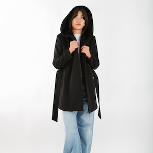 Long Hooded Cashmere Coat – Black, Long Women&#39;s Wool Overcoat with Big Hood, Oversize Long Winter Women Black Coat, Long Cashmere Wool Coat