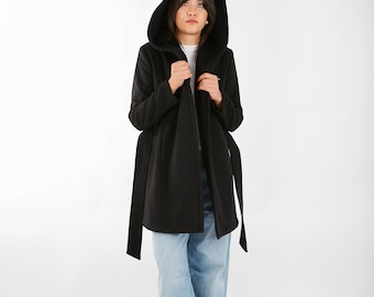 Lange wollen jas met capuchon – zwarte, lange wollen damesjas met grote capuchon, oversized lange zwarte winterjas voor dames, lange wollen jas