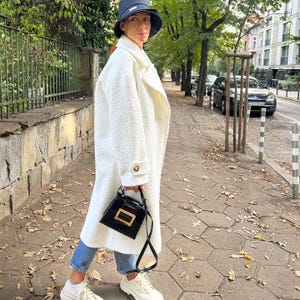 Long Wool Coat, Oversize Women Wool Boucle Coat – White, Modern Straight Winter Women Coat - White, Winter Coat, White Long Coat, Big Collar