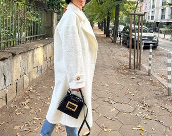 Long Wool Coat, Oversize Women Wool Boucle Coat – White, Modern Straight Winter Women Coat - White, Winter Coat, White Long Coat, Big Collar