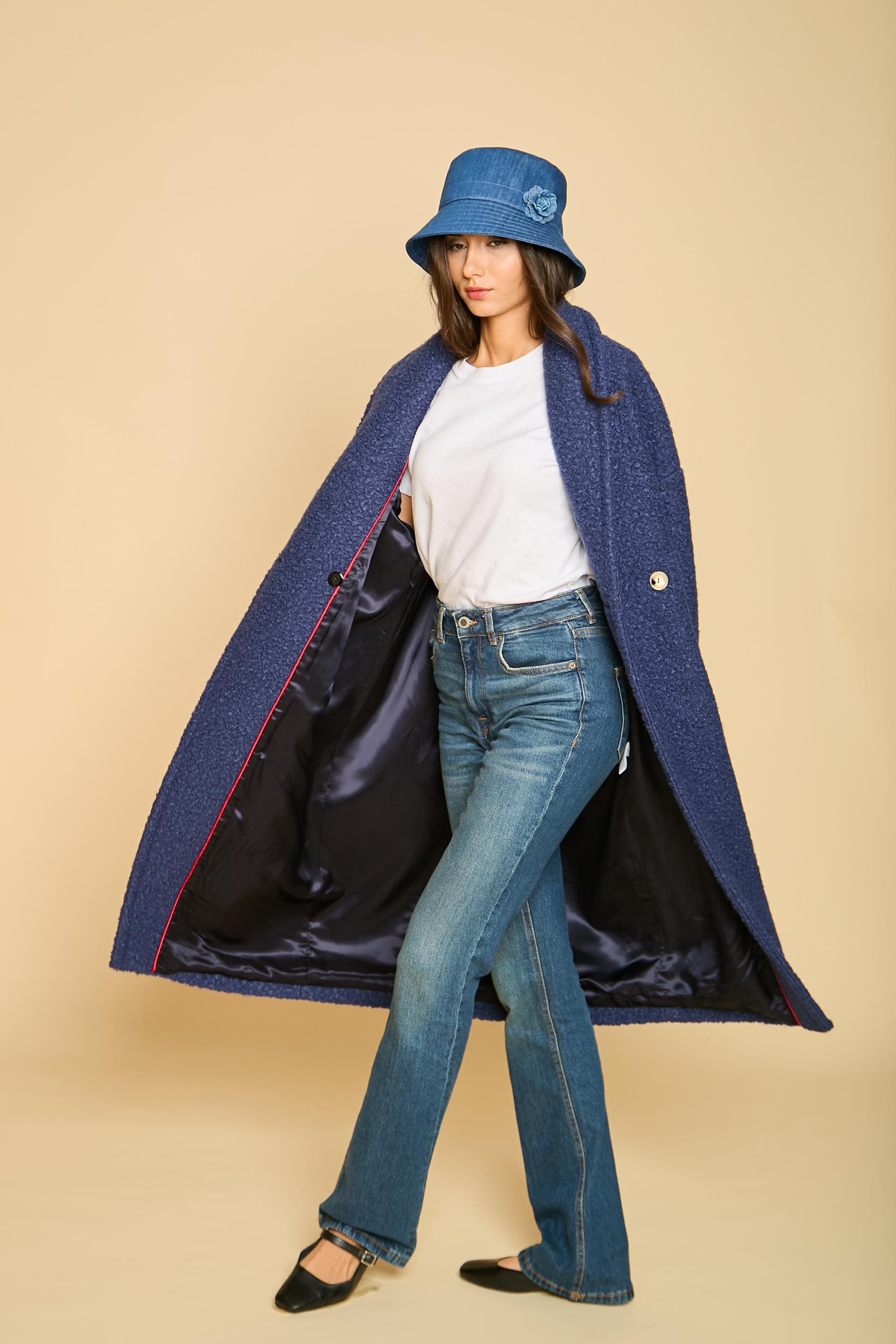 Denim Blue Knit Winter Cloche Hat Embellished Rolled Brim 