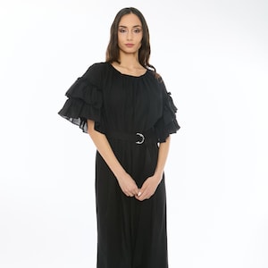 Black Linen Ruffle Sleeve Maxi Dress, Elegant Linen Dress with Belt & Pockets, Side Slit Long Summer Evening Dress, Modest Cocktail Dress