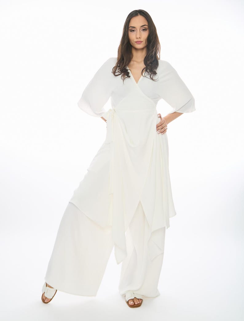 White Wrap Tunic & Wide Leg Pants Set