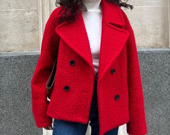 ピーコート レディース、コート ジャケット、ウール コート、赤い