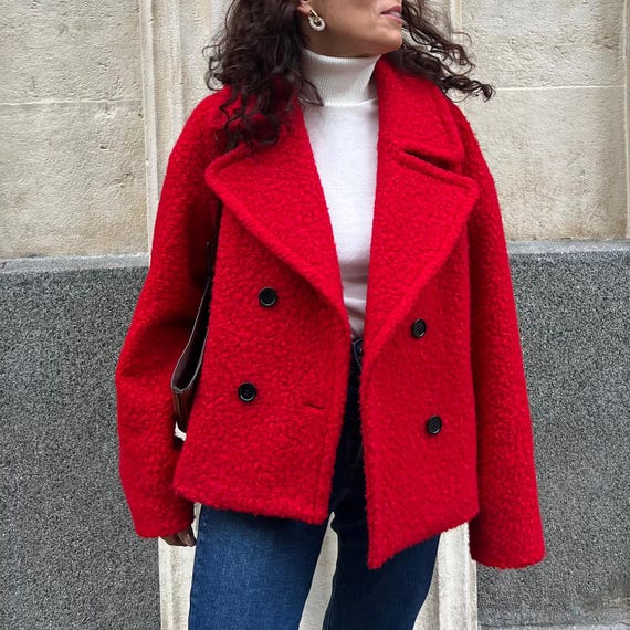 Kurzer Wollmantel Rot, Oversize kurzer Winter Damen Mantel