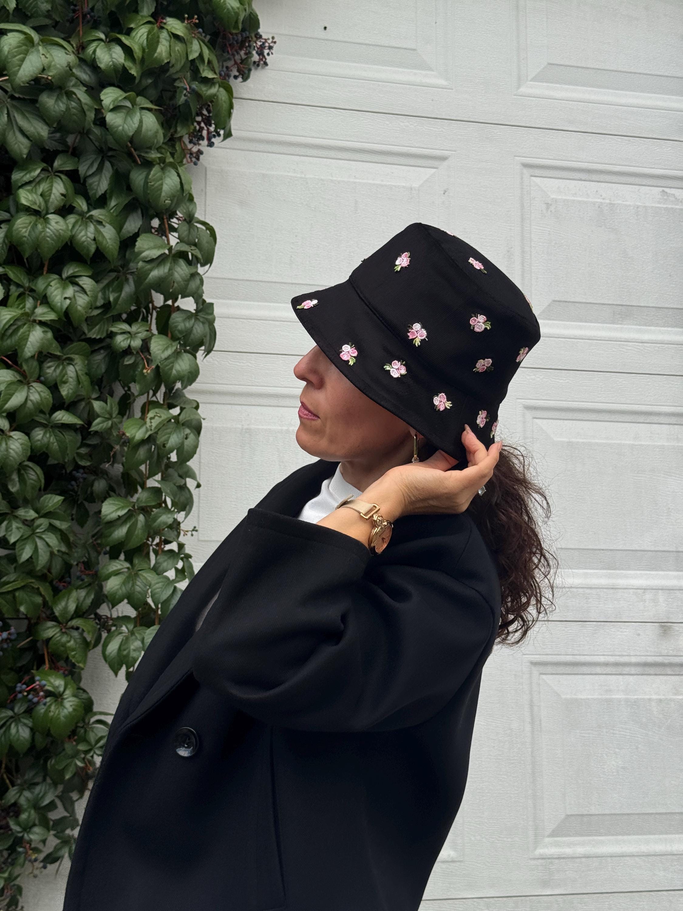 Black Corduroy Bucket Hat With Embroidered Flowers, Cute  display picture 3