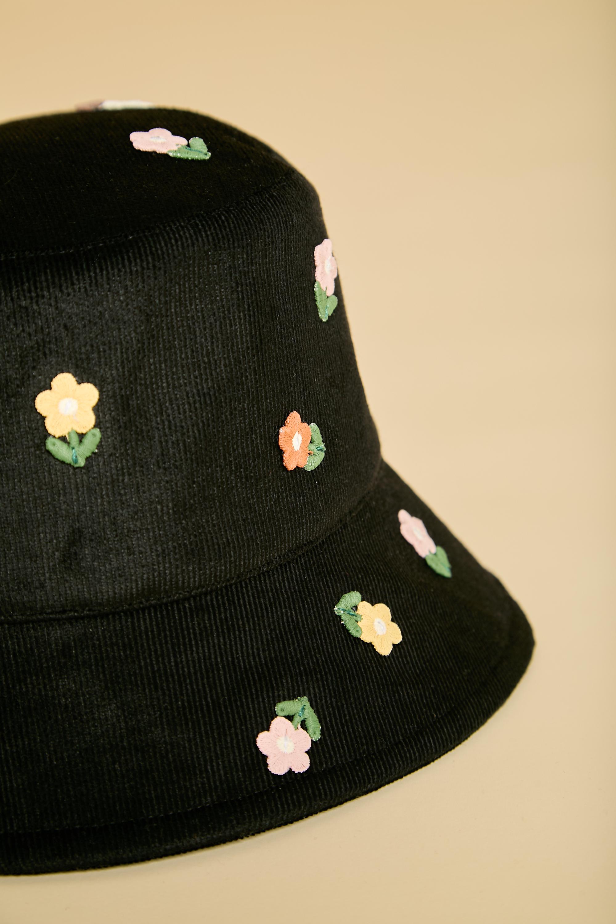 Black Corduroy Bucket Hat With Embroidered Flowers, Cute  display picture 1