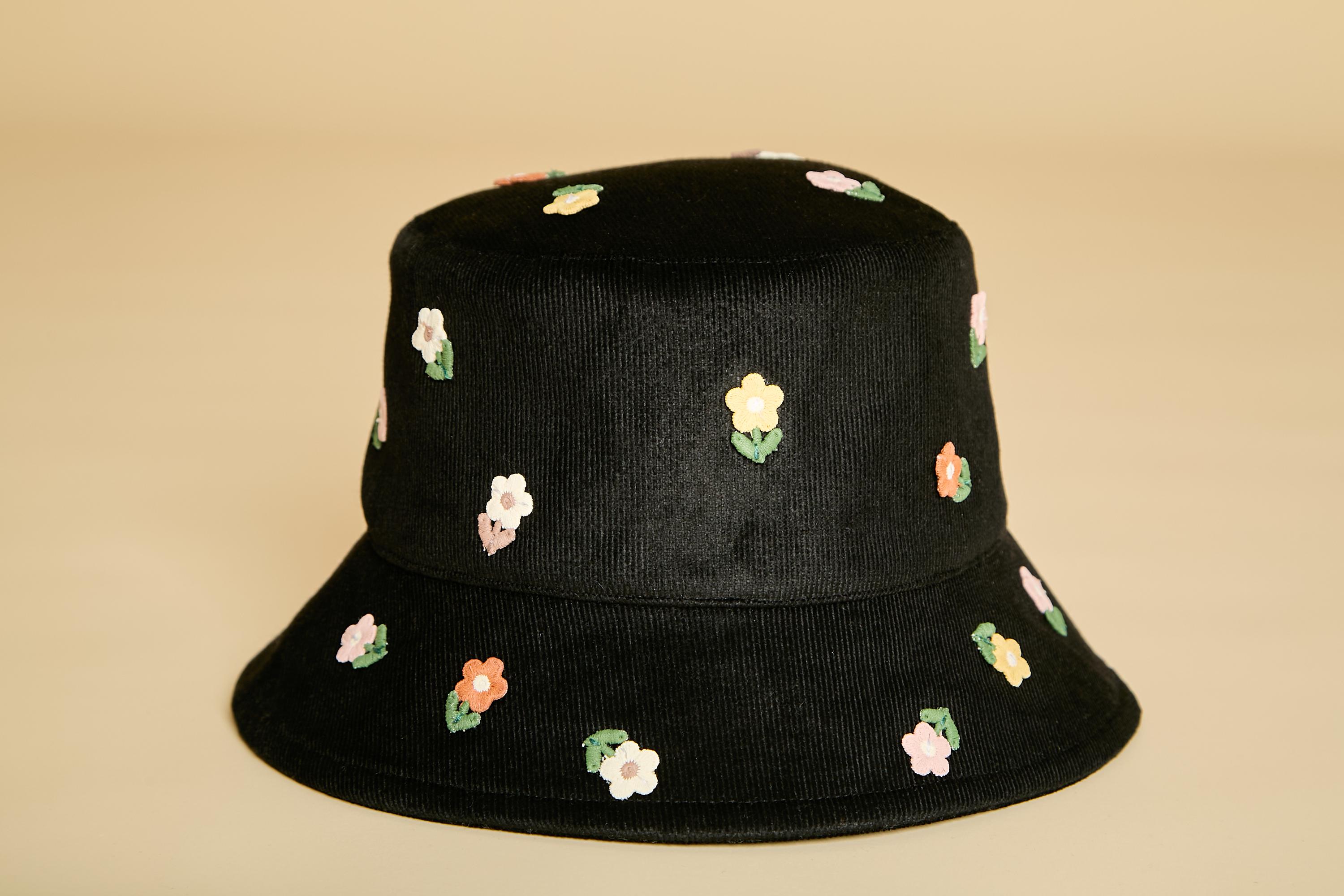 Vintage 90s Streetwear Faded Butterfly Corduroy Bucket Hat Cap Black Womens S/M Black Corduroy Bucket Hat With Embroidered Flowers, Cute  main image 2