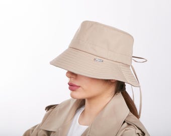 Summer Bucket Hat, Beige Women Hat, Cotton Sun Hat Narrow Brim Sun Hat Denim Beach Hat Large Hat Sun UV Protection Hat Adjustable Sun Hat