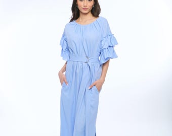 Pure Linen Sky Blue Maxi Dress with Ruffle Sleeve, Belted Dress, Linen Summer Maxi Dress, Boho Dress, Casual Long Dress, Beach Wedding Dress