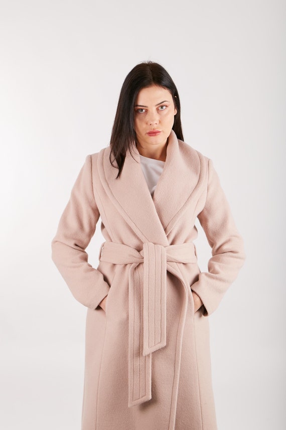 Beige Women Cashmere Coat James, Long Women Italian Wool Coat with Belt,  Oversize Long Winter Women Coat, Long Lined Cashmere Wool Coat