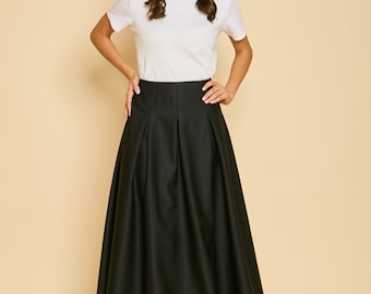 High Waisted Black Midi Skirt, Pleated A-Line Skirt, Full Circle Swing Skirt, Elegant Long Black Skirt, Handmade Skirt, Minimalist Formal