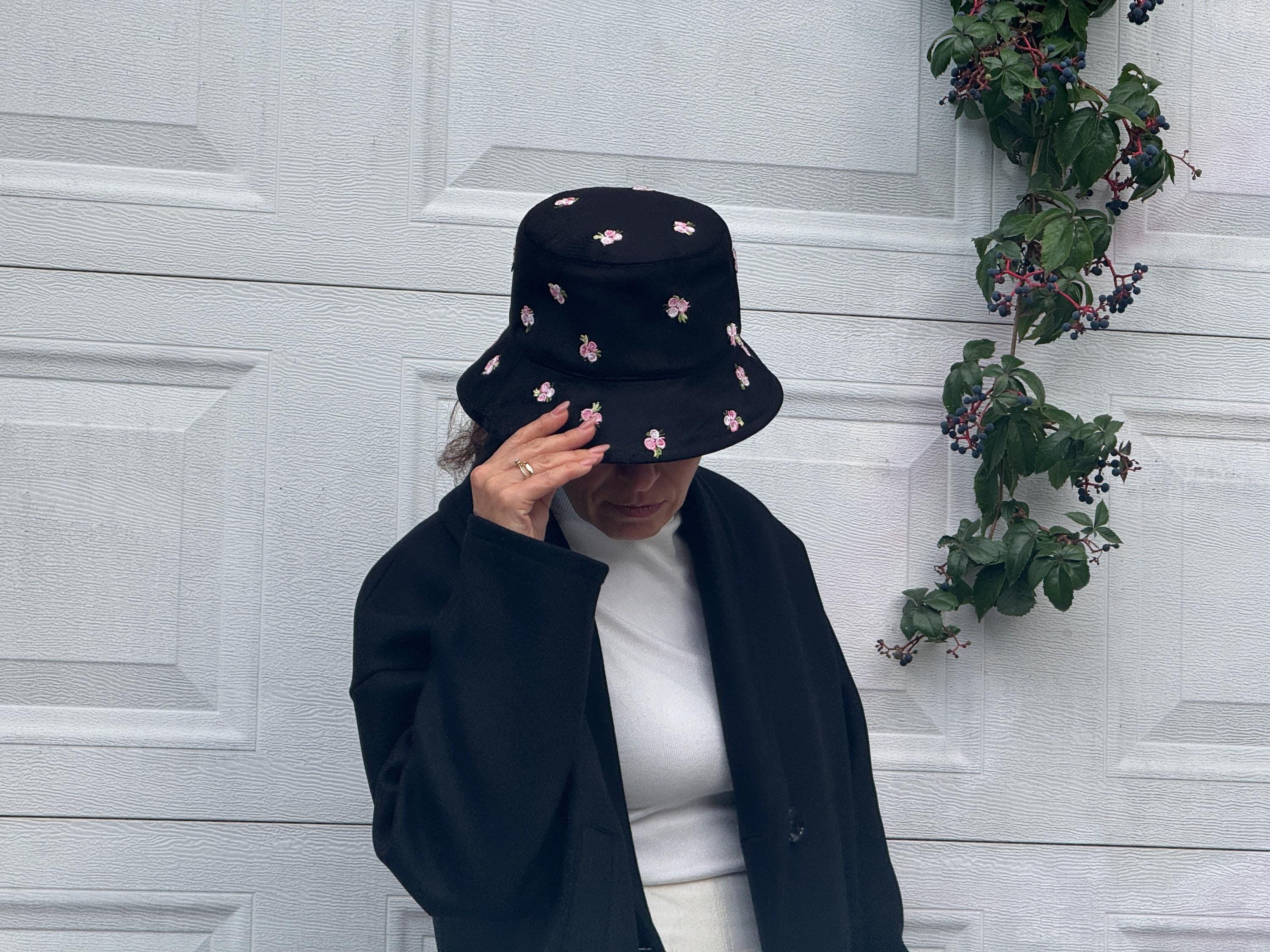 Black Corduroy Bucket Hat With Embroidered Flowers, Cute  display picture 2