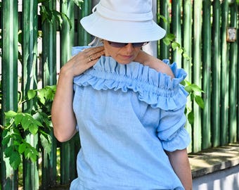 Cappello a secchiello estivo, cappello da donna azzurro in cotone, cappello da sole a tesa stretta, cappello da spiaggia in denim, cappello grande, cappello con protezione UV, cappello da sole regolabile