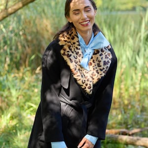 Black Belted Coat with Leopard Faux Fur Collar, Vintage Style Wrap Coat, Elegant Winter Outerwear for Women, Animal Print Statement Coat