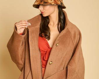 Brown High Neck Coat for Women, Oversized Camel Funnel Neck Wool Jacket, Elegant Minimalist Autumn Fall, Short Winter Outerwear