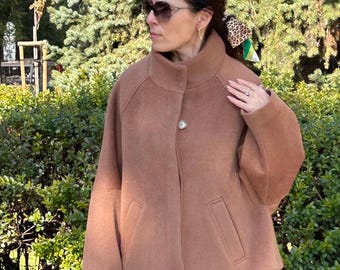 Brown Wool High Neck Coat with Hidden Buttons