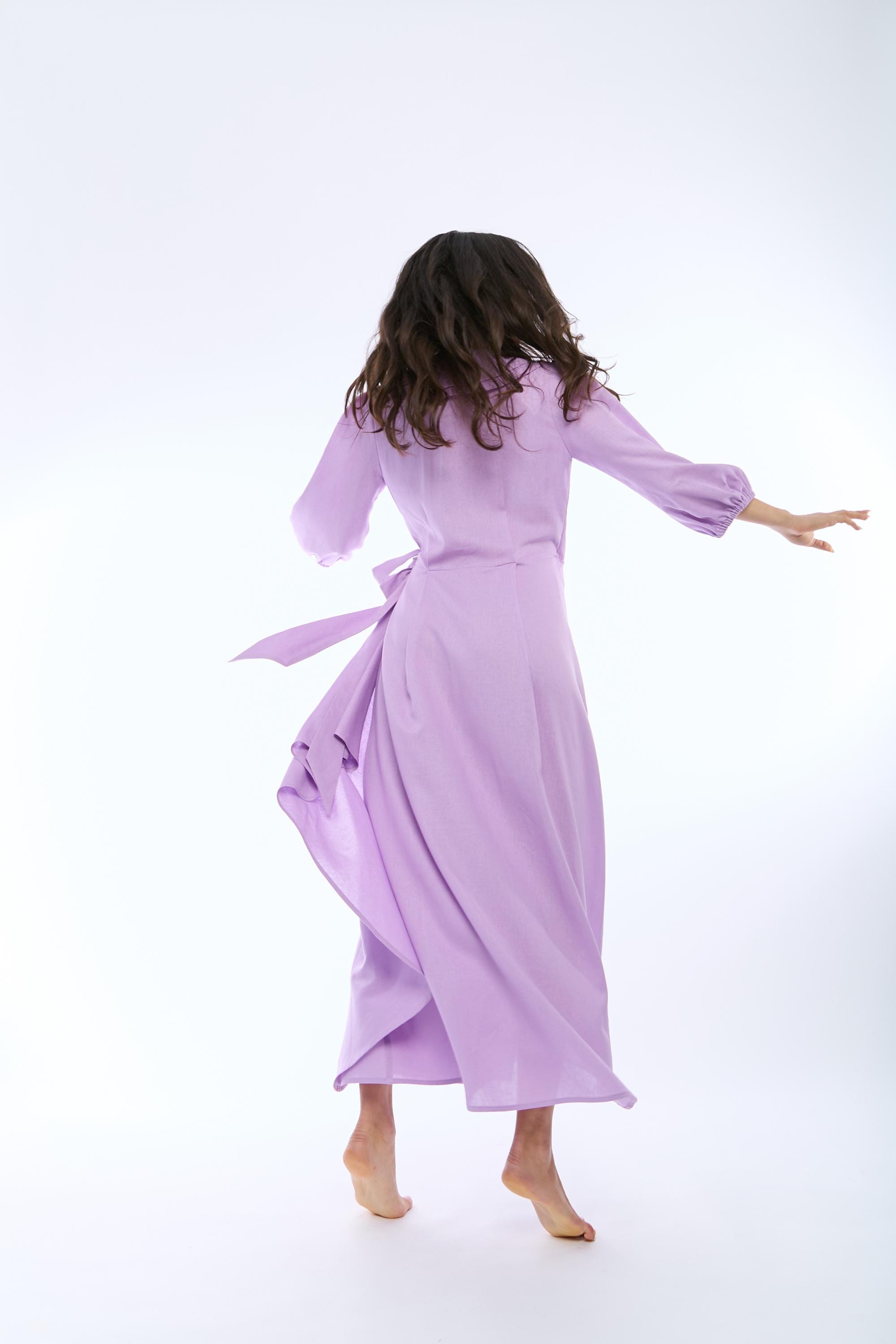 Linen Wrap Dress With Frills, V Neck Midi Linen Dress With