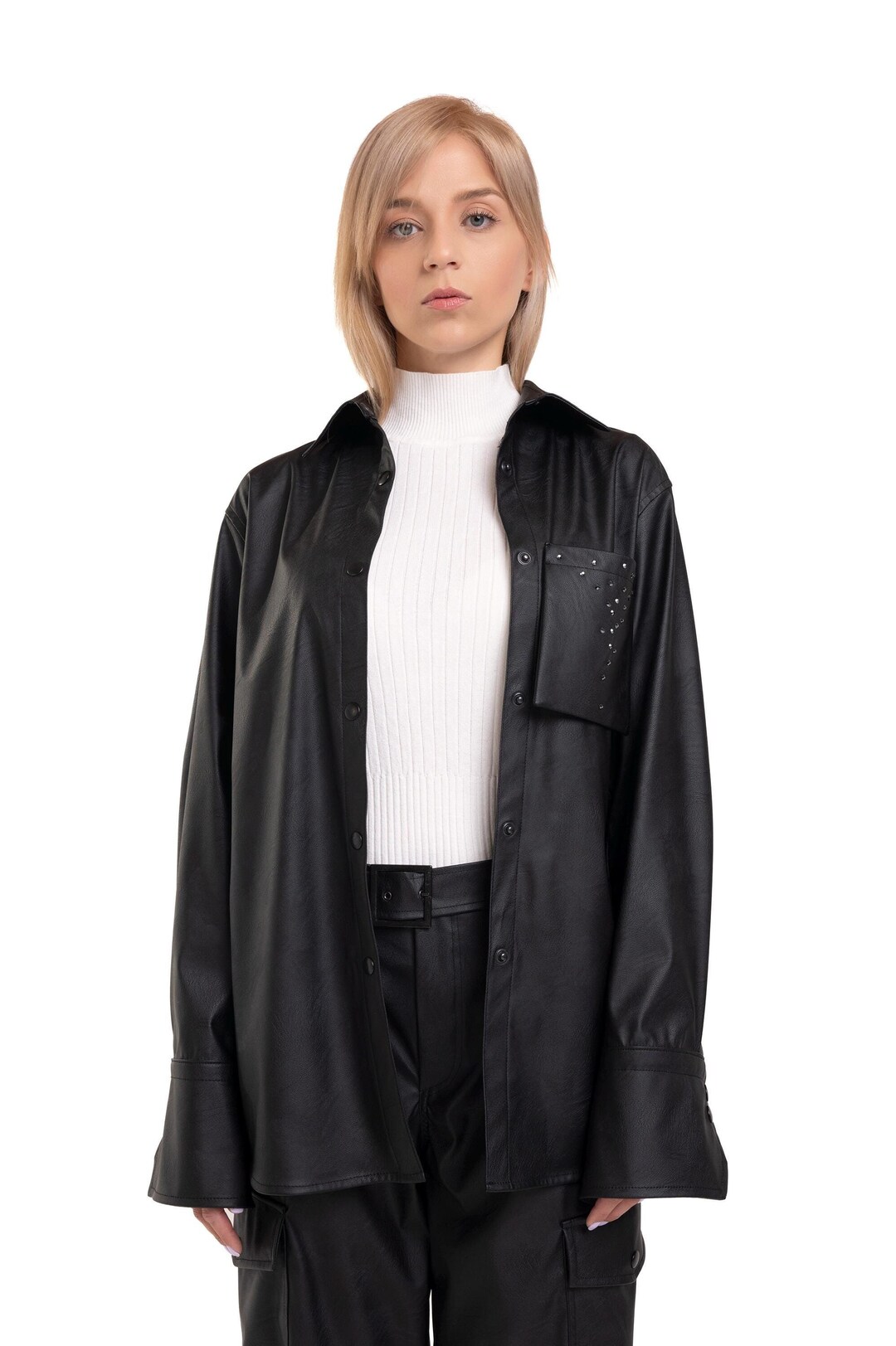 Women's Black Velvet Oversized Shirt with Gold Brooch Button Detailing main image 0