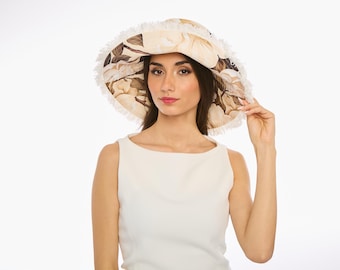 Sombrero floral beige, sombrero de pescador de ala ancha, sombrero de flores, sombrero bohemio de verano, sombrero de playa, sombrero para fiesta en el jardín, sombrero vintage, sombrero para vacaciones y viajes.