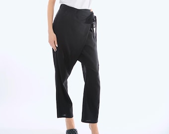 Black Linen Wrap Pants, Tie Waist Cropped Trousers, High Waist Summer Pants, Ankle Pants, Boho Beach Pants, Resort Wear, Travel Comfy Pants
