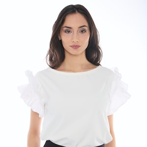 White Ruffle Sleeve Top, Elegant Statement Short Sleeve Blouse, Work Office Top, Feminine Blouse, Summer Vacation Beach Top, Resort Boho Top